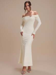 Modelyn Women's Metal Decor Off Shoulder Long Sleeve Fishtail Hem Fitted Elegant Dress - Apricot - View 8