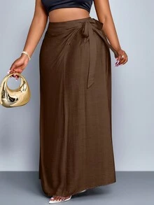 SOLERSUN 大码女装春秋时尚纯色蕾丝 A 字日常宽松休闲长裙，多种扭纹设计裙子，日常百搭女裙，秋季，冬季 - 棕色 - 查看 5