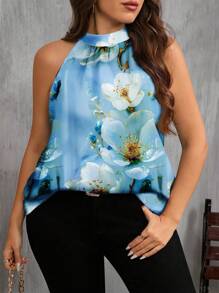 SHEIN Clasi 休闲度假风格蓝色 3D 花卉印花女式露背衬衫，适合夏季 - 彩色 - 查看 3