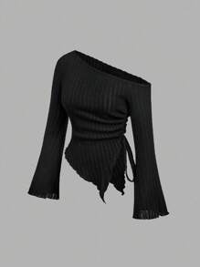 SHEIN MOD 两件装黑白女式不对称下摆喇叭袖T恤，带抽绳，不对称领口，罗纹袖，喇叭袖，单袖上衣，适合返校季、教师、可爱女性、万圣节服装、商务休闲女性、办公室女性穿着。 - 黑與白 - 查看 7