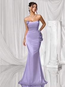 Coutiva 优雅性感褶皱抹胸下摆手工花朵设计美人鱼下摆晚礼服，适合婚礼宾客、生日派对、晚宴、鸡尾酒会、毕业典礼 - 紫色 - 查看 2