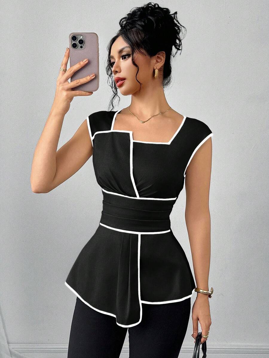 SHEIN Clasi 女士下摆收腰短袖时尚优雅衬衫 - 黑色 - 查看 1