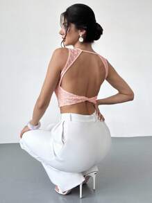 Firerie Women's Apricot Crew Neck Sleeveless Backless T-Shirt Top, Textured Fabric Top, Summer Top, Women's Casual Holiday Top