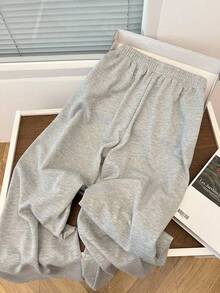 SHEIN PETITE Women's Fashion Casual Rhinestone Embellished High Waist Drawstring Sweatpants, Petite Fall Cloth For Women - Grey - View 2