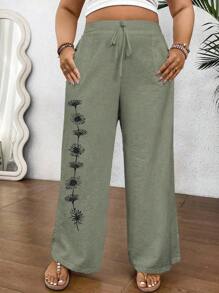 Linhara Pantaloni da donna taglie forti con stampa floreale e vita annodata, adatti per le vacanze - Verde militare - Visualizzare 4