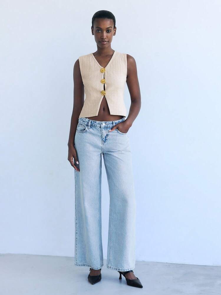 SHEIN Maija Blusa aderente in maglia con scollo a V, decorazione floreale in metallo e spacchi sul fondo, in tessuto effetto strutturato, colore tinta unita, da donna per l estate