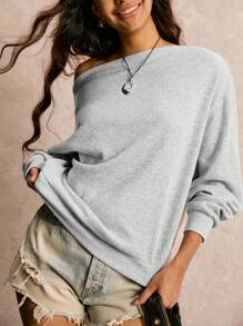 Easelle Casual Versatile Asymmetric Collar Women Sweatshirt In Gray Loose And Comfortable Fall Women Clothes Off The Shoulder - Dark Grey - View 1