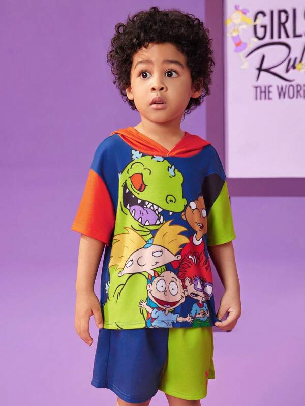 Nick 90s | SHEIN 2pcs/Set Young Boy Cartoon Dinosaur Pattern Hooded Short Sleeve T-Shirt And Shorts Knit Loose Casual Outfit