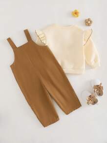 Cozy Pixies 2pcs Baby Girl Brown Autumn Clothes Outfit,Letter Print 3D Floral Ruffle Knit Sweatshirt & Corduroy Bib Pants Set,Cute Modest Matching Family Overalls - Multicolor - View 2
