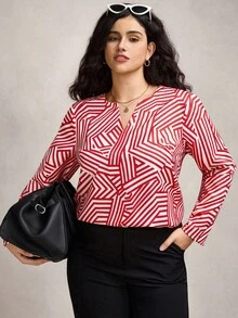 Zelara Blusa casual de talla grande para mujer con cuello en V, mangas raglán y patrón geométrico de bloques de color, blusas de trabajo de talla grande, blusas de trabajo para mujer de talla grande - Rojo y blanco - Ver 1