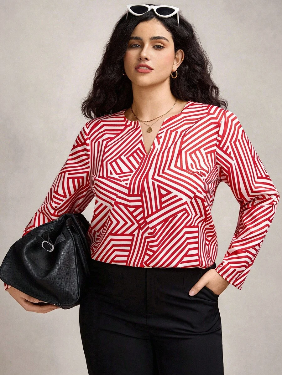 Zelara Blusa casual de talla grande para mujer con cuello en V, mangas raglán y patrón geométrico de bloques de color, blusas de trabajo de talla grande, blusas de trabajo para mujer de talla grande - Rojo y blanco - Ver 1