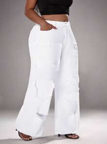 Slaydiva Plus Size Casual Solid Color Patch Distressed Wide Leg Jeans - White - View 2