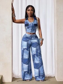 Slaydiva 女式休闲水洗抽绳下摆阔腿牛仔裤 - 藍色 - 查看 6