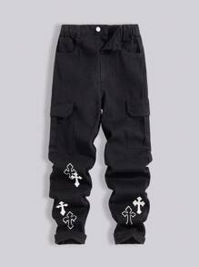 Quần ống rộng in họa tiết màu đen cho bé trai tuổi teen + Quần jean denim màu đen, Quần dài thường ngày thời trang đa năng dành cho bé lớn, Xuân Thu Đông - màu đen - Xem 1
