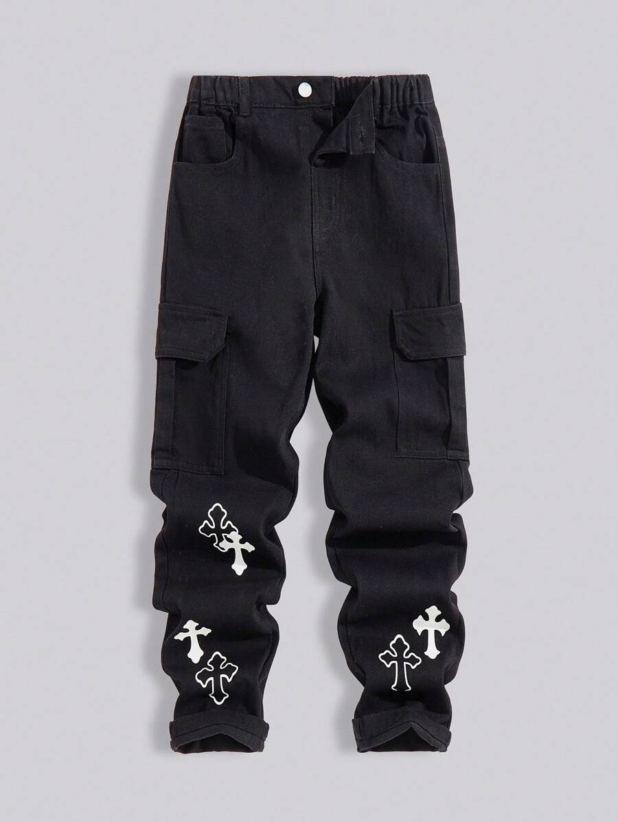 Quần ống rộng in họa tiết màu đen cho bé trai tuổi teen + Quần jean denim màu đen, Quần dài thường ngày thời trang đa năng dành cho bé lớn, Xuân Thu Đông - màu đen - Xem 1