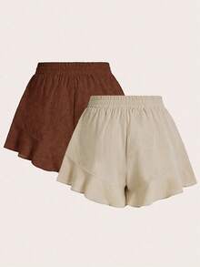 Elaquor 法式荷叶边下摆加大码纯色短裤 - 彩色 - 查看 2