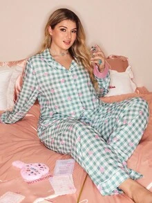 Bộ đồ ngủ kẻ caro gingham cài nút cỡ lớn kèm quần ngủ, trang phục mùa thu - màu xanh lá - Xem 6