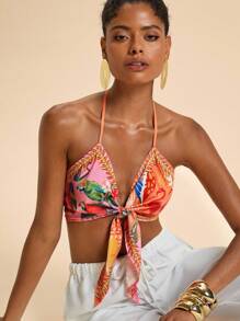 Travachic Top halter bohemio vibrante de tela tejida con diseño de estampado aleatorio llamativo para ropa de playa de otoño e invierno - Multicolor - Ver 5