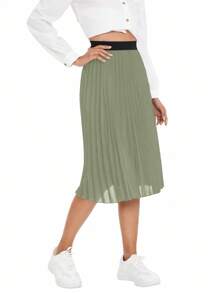 Ellevyn Women's Fashion Casual Elegant Contrast Color Pleated Midi Skirt