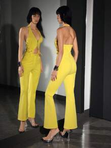 SHEIN EZwear 女式性感露背镂空设计侧系带牛仔连体裤 - 黃色 - 查看 3