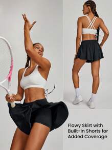 GLOWMODE Drawstring Pocket Mini Skort With Built-In Underwear Tennis Golf Summer Anti-Odor - Black - View 7