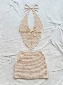 SHEIN x Eduarda Gutierrez Soleia 女士性感 V 领系带露背吊带背心和高腰亮片毛衣两件套，适合派对、圣诞节、约会、夜总会、海滩、游轮、下午茶、波西米亚风、波西米亚风、浪漫花卉、度假钩针两件套奶油色两件套亮片两件套海滩两件套秋冬 - 杏色 - 查看 2