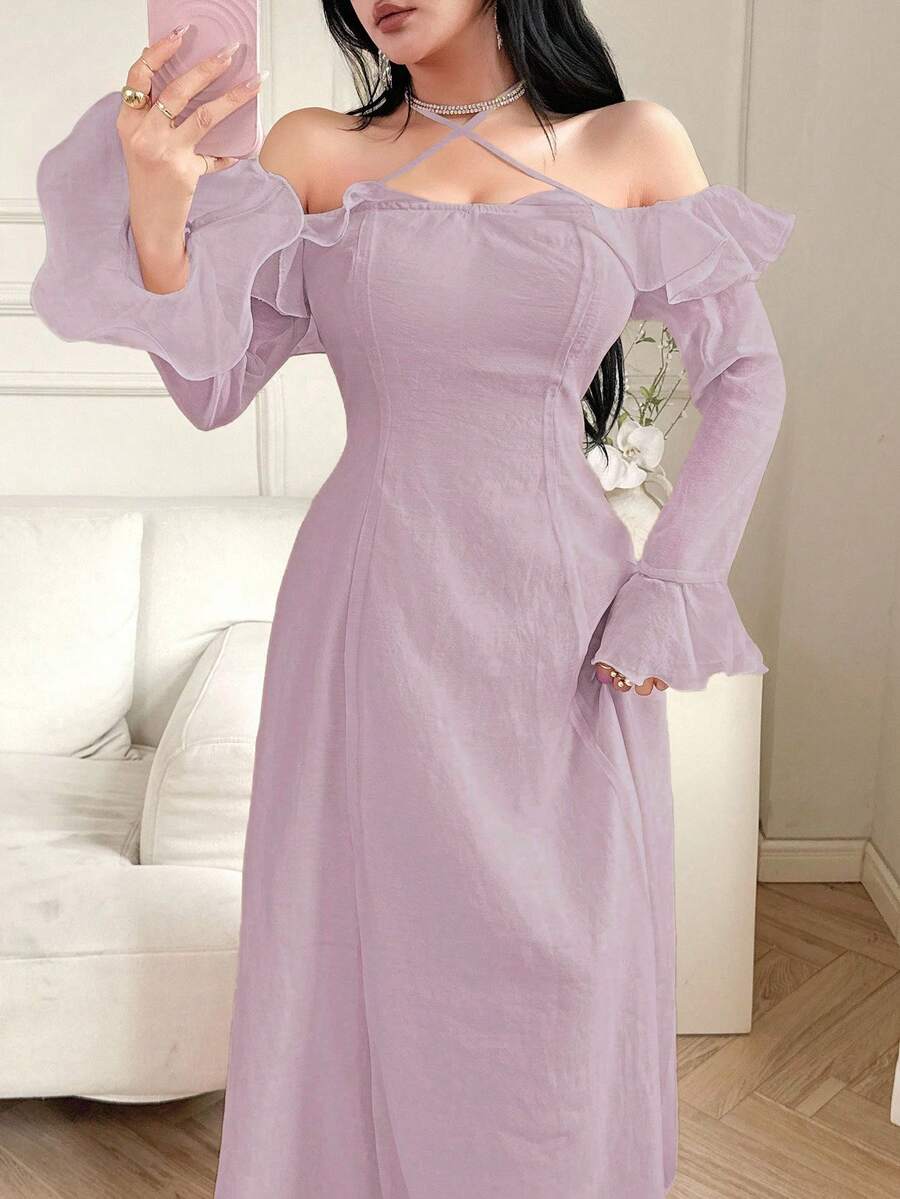 Feyla 女士纯色交叉带长袖优雅连衣裙 - 紫色 - 查看 1