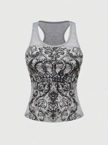 ROMWE Avant Áo crop top vương miện đính đá Y2K Kpop, áo ba lỗ họa tiết cổ điển dành cho nữ - Xám - Xem 3