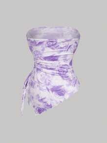 SHEIN MOD 带侧抽绳的抹胸，不对称下摆，复古印花抹胸，秋季上衣，上衣，外出上衣，紧身上衣 - 紫色 - 查看 2