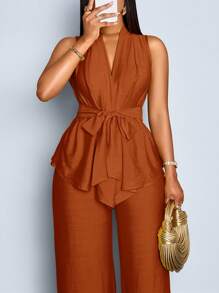 SOLERSUN Plus Size Summer Casual Commuter Solid Color Tank Top And Pants 2 Pieces Set - Rust Brown - View 1