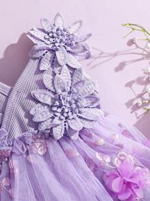 SHEIN Infant Baby Girls Sweet Elegant Gorgeous Adorable 3D Flower Embroidered Purple Tulle Princess Dress Outfit With Headband, Suitable For 0-9M Newborn Babies, Fits Birthday, Memorial Day, Photo Shoot, Flower Girl For Wedding, Outdoor Activities, Holiday Celebration - Purple - View 5