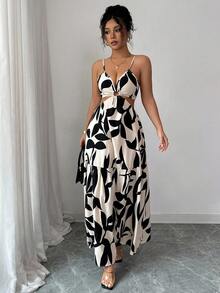 SHEIN PETITE 女士新款镂空蝴蝶结印花长裙，度假风格 - 杏色 - 查看 6