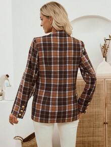 EMERY ROSE Women's Shoulder Padded Long Sleeve Brown Plaid Lapel Single-Breasted Blazer,Summer Business Casual Office Jacket,Back-To-School Fashion Suit Jacket - Brown - View 2