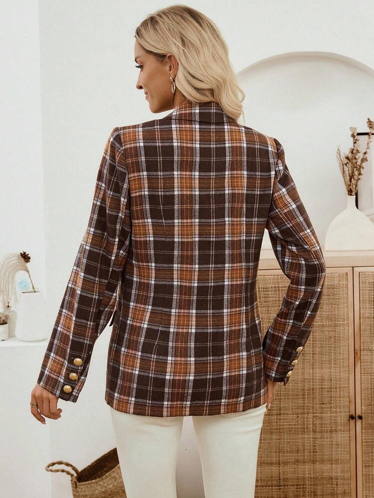 Women's Shoulder Padded Long Sleeve Plaid Lapel Single-Breasted Fashion Blazer Plaid Blazer Women Brown Blazer Women Women Blazers Plaid Jacket Women Brown Plaid Blazer Women Blazers Brown Brown Plaid Jacket Women Plaid Suit Jacket Women