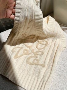 女式字母刺绣麻花V领休闲针织背心，秋季女装女式麻花针织背心 - 杏色 - 查看 4