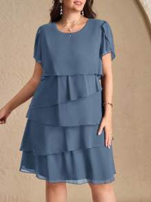 Chikora Vestido Elegante de Cor Sólida Multicamadas, Plus Size, Verão - Azul Empoeirado - Visão 1