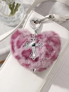 ROMWE Kawaii 1 件 Y2K 复古朋克时尚高端人造毛皮豹纹 3D 铆钉心形水晶镂空十字架 DIY 钥匙扣包饰，适合女性、日常穿着、节日礼物 - 玫紅色 - 查看 8