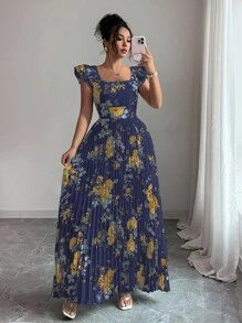 Elenzga 女士印花方领荷叶袖褶裥下摆连衣裙，优雅度假之选