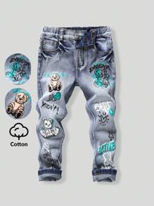 Young Boy Printed Elastic Denim Tapered Jeans, Fun And Fashionable Back To School Recommendation, Classic Washed Blue Denim Stretch Fabric, Cartoon Printed Design Full Of Childlike Charm, High Waist Elastic Waistband Fall Winter - Dark Wash - View 1