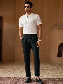 Manfinity VCAY 男士休闲针织字母刺绣修身短袖 Polo 衫 - 白色 - 查看 4