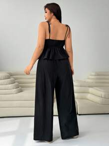 SHEIN EZwear 2件套大码女式休闲黑色细肩带上衣和宽松裤子套装 - 黑色 - 查看 7