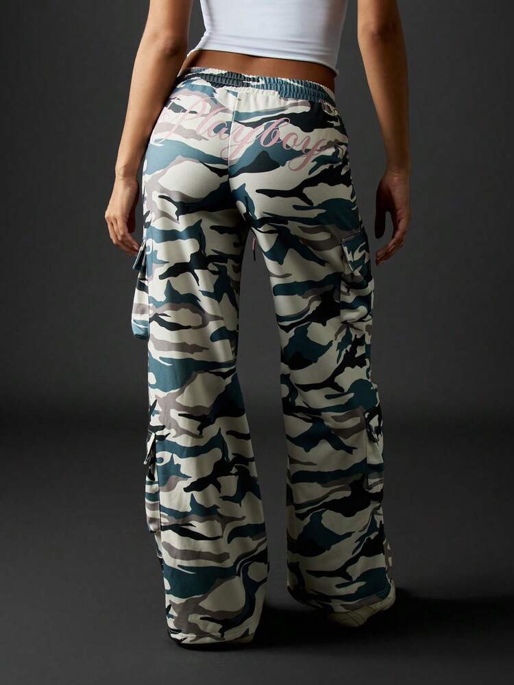 Missguided x Playboy Wide Leg Camouflage Cargo Combat Pants Drawstring Elastic Waist Utility Baggy Pant Winter Fashion Streetwear Festival