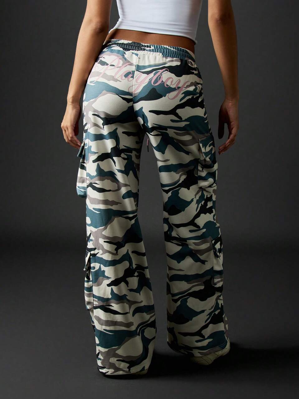 Missguided x Playboy Wide Leg Camouflage Cargo Combat Pants Drawstring Elastic Waist Utility Baggy Pant Winter Fashion Streetwear Festival
