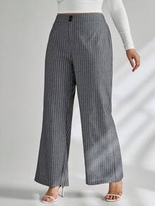 SHEIN Tall CURVE 大码女式纽扣设计宽腿宽松休闲裤 - 深灰色 - 查看 2