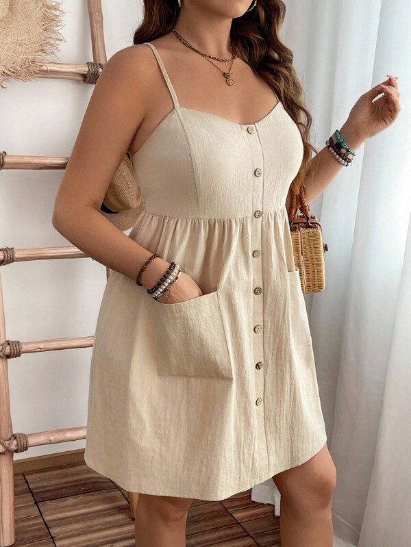 EMERY ROSE Plus Size Casual Daily Summer Pure Cotton Texture Pocketed Waist Midi Cami Dress