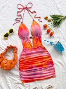 Soleia 女士浪漫针织网眼日落渐变印花深 V 领露背褶饰紧身迷你连衣裙，适合节日、约会、下午茶、海滩度假、城市旅行、婚礼季、音乐节、波西米亚风度假，可内外穿着