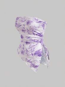 SHEIN MOD 带侧抽绳的抹胸，不对称下摆，复古印花抹胸，秋季上衣，上衣，外出上衣，紧身上衣 - 紫色 - 查看 3