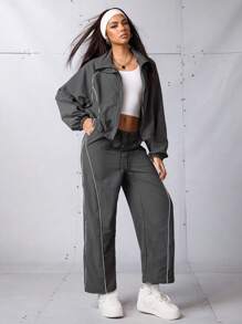 Exploreva 女士运动套装、返校装、毕业典礼、返校装、女士运动和瑜伽时尚运动服女士套装、慢跑和户外休闲装女士健身套装女士健身套装宽松版型、夹克和裤子套装、运动服 Y2k、 - 灰色 - 查看 3