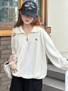 Dazy Kids 青少年/青年女孩宽松休闲图案刺绣运动衫，秋季 - 杏色 - 查看 3