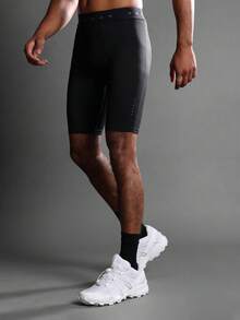 SUMWON 男式运动压缩训练短裤高性能基础层跑步骑行短裤黑色健身紧身裤带提花腰带 - 黑色 - 查看 2